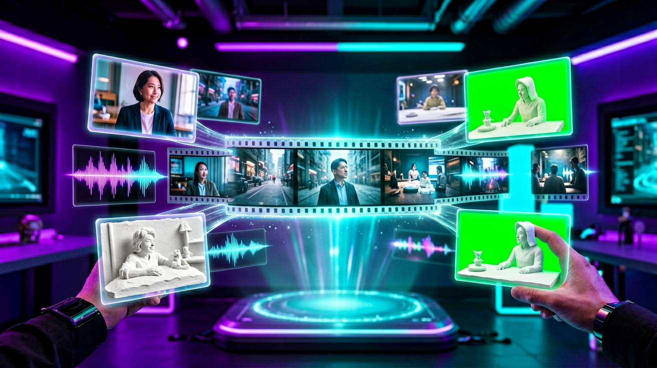 Multimodal reference inputs in Seedance 2.5: character photos, video clips, audio waveforms, 3D white-model blockouts and green-screen frames flowing into one 30-second film
