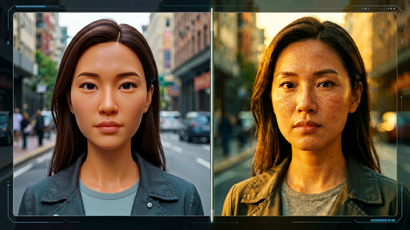 Seedance 2.5 vs Seedance 2.0 realism comparison: waxy artificial look versus natural skin texture and cinematic golden-hour lighting